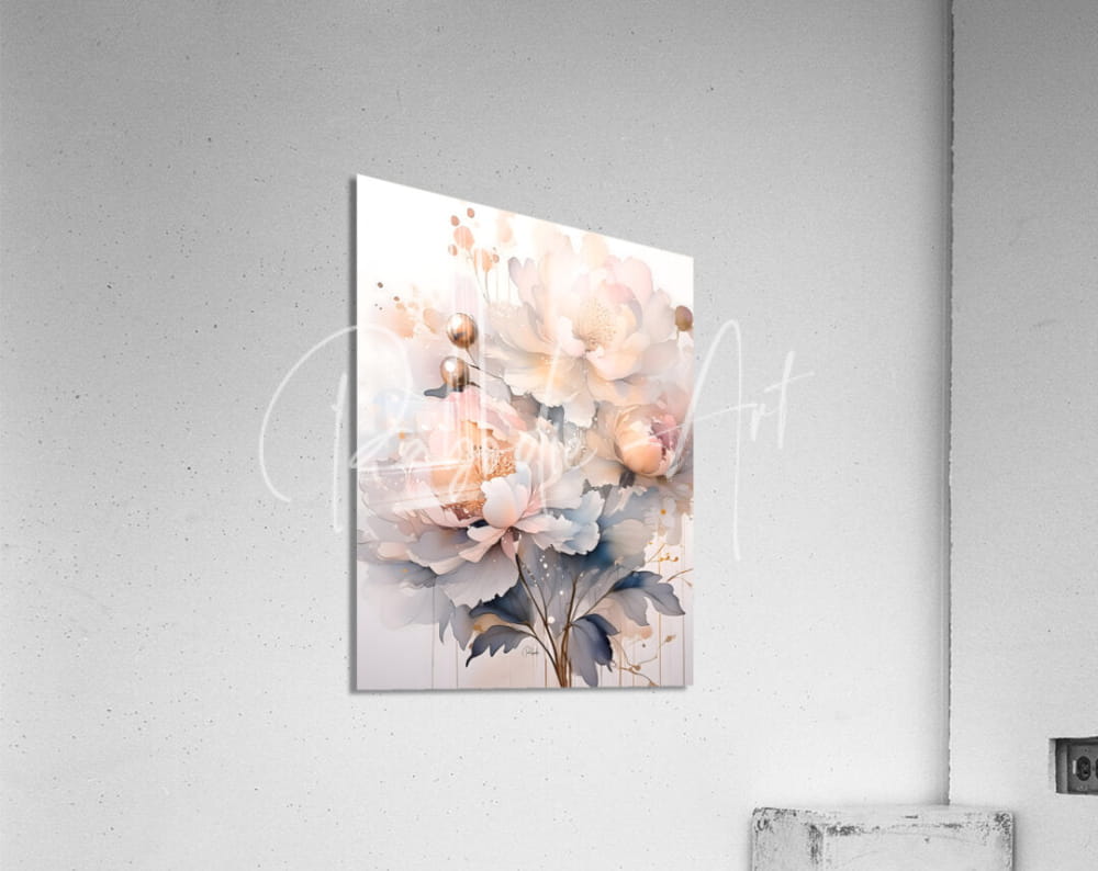 Rectangular acrylic print peonies ink wash i with soft watercolor blush pink and peach peonies with gold accents