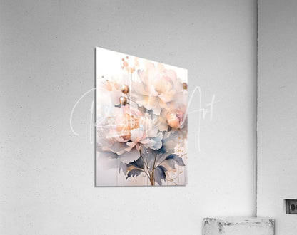 Rectangular acrylic print peonies ink wash i with soft watercolor blush pink and peach peonies with gold accents
