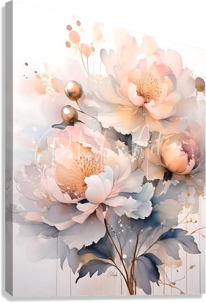 A delicate canvas print titled peonies ink wash i featuring a watercolor bouquet of blush cream peonies with gray leaves and gold accents