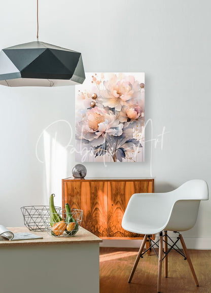 A soft watercolor painting of blush and cream peonies with gray green leaves displayed on a white wall titled peonies ink wash i