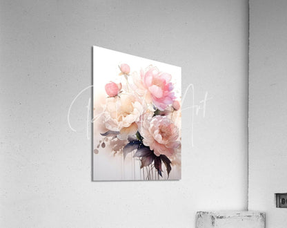 A rectangular acrylic print titled peonies ink wash ii featuring soft pink and cream watercolor peonies on a gray wall