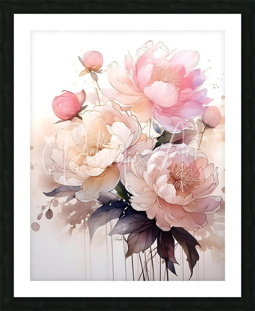 A framed watercolor artwork titled Peonies Ink Wash II featuring soft pink and cream peonies with dark green leaves