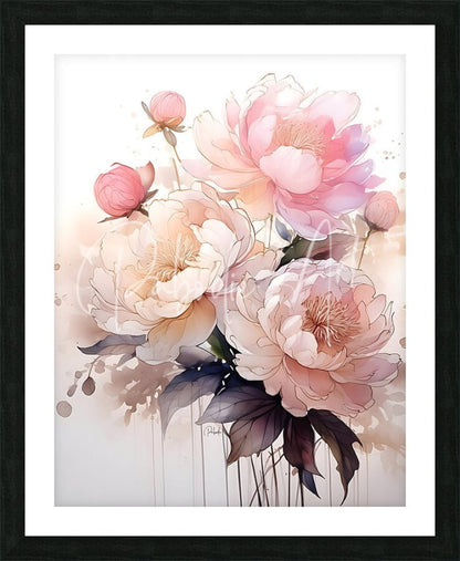 A framed watercolor artwork titled Peonies Ink Wash II featuring soft pink and cream peonies with dark green leaves