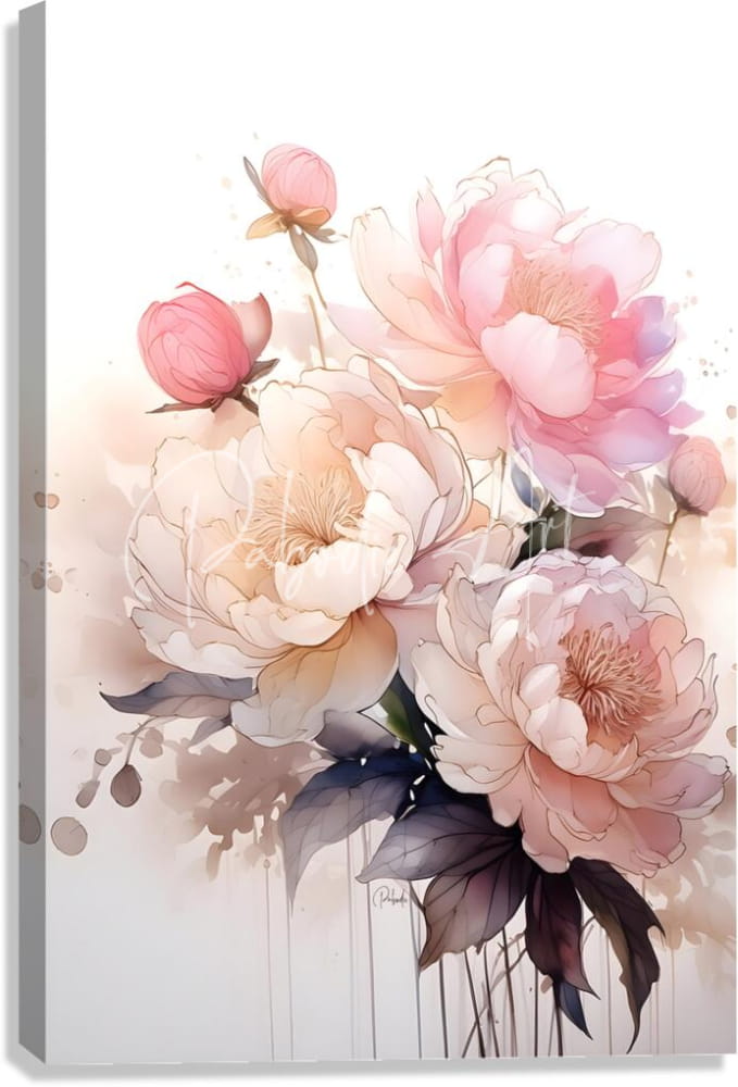 A delicate watercolor painting of pink and cream peonies with dark green leaves on canvas titled peonies ink wash ii