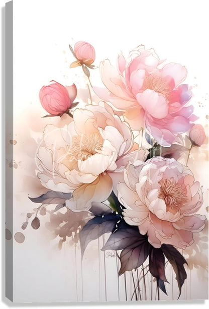 A delicate watercolor painting of pink and cream peonies with dark green leaves on canvas titled peonies ink wash ii