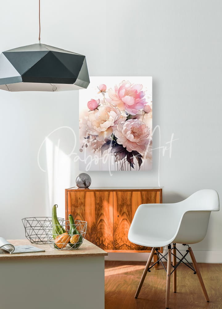 A soft pink and cream watercolor painting of peonies titled peonies ink wash ii displayed on the wall