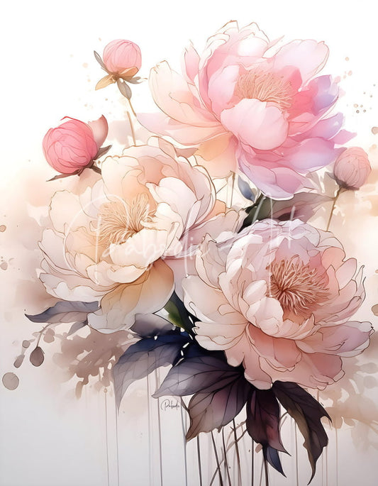 A delicate bouquet of soft pink and cream peonies with subtle watercolor shading in peonies ink wash II print