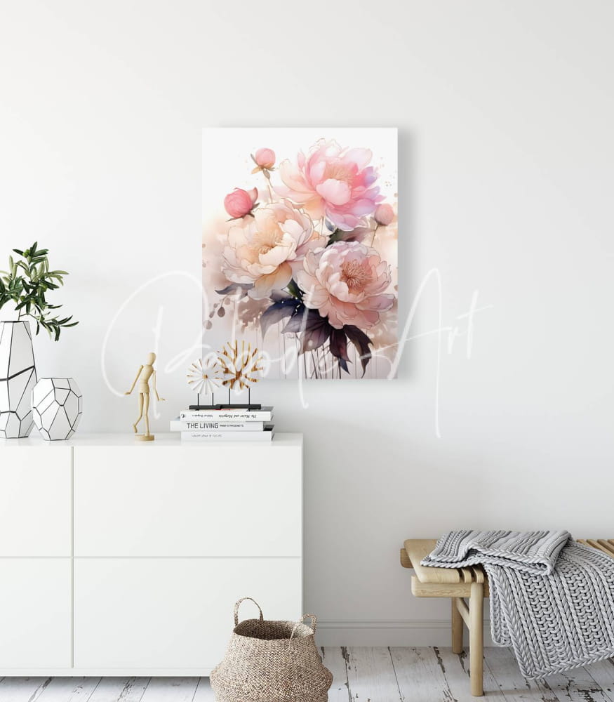 A soft pink and cream watercolor painting of peonies on a white canvas titled peonies ink wash ii