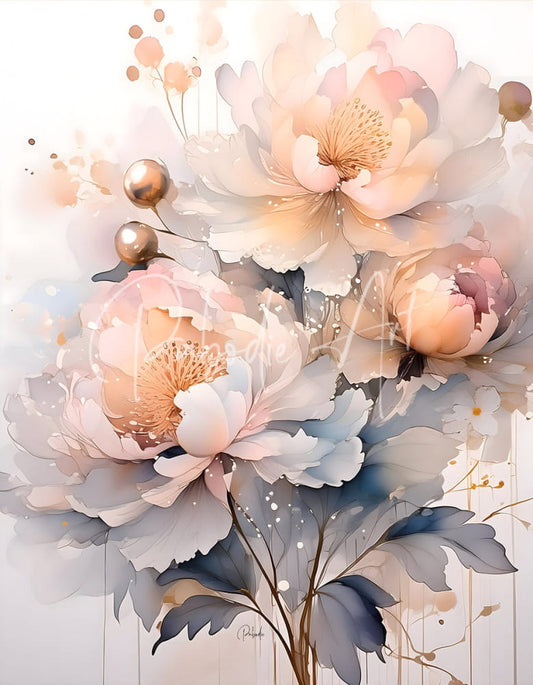 A delicate watercolor painting of peonies ink wash i with blush pink white blooms and gold accented stamens