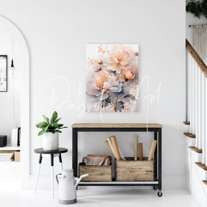A soft watercolor painting of blush and peach peonies with delicate gold accents on a white wall titled peonies ink wash i