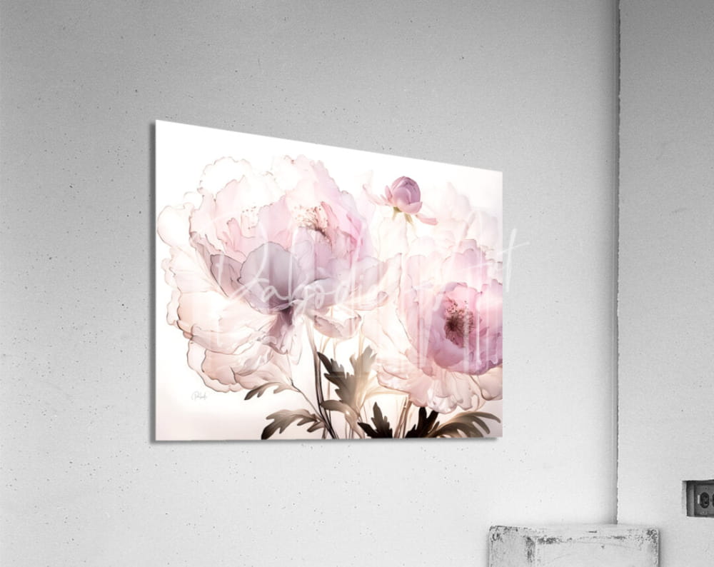 A delicate white acrylic wall hanging featuring a soft pink peonies watercolor print titled peonies in pink
