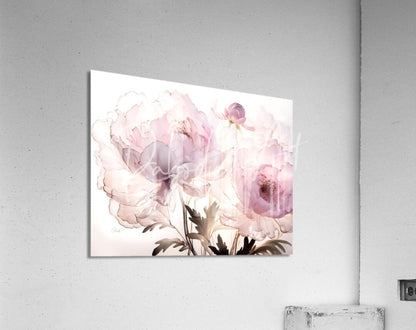 A delicate white acrylic wall hanging featuring a soft pink peonies watercolor print titled peonies in pink