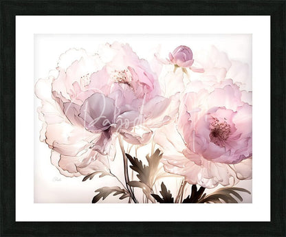 Pink watercolor peony floral art print titled peonies in pink displayed in a black frame for wall decor