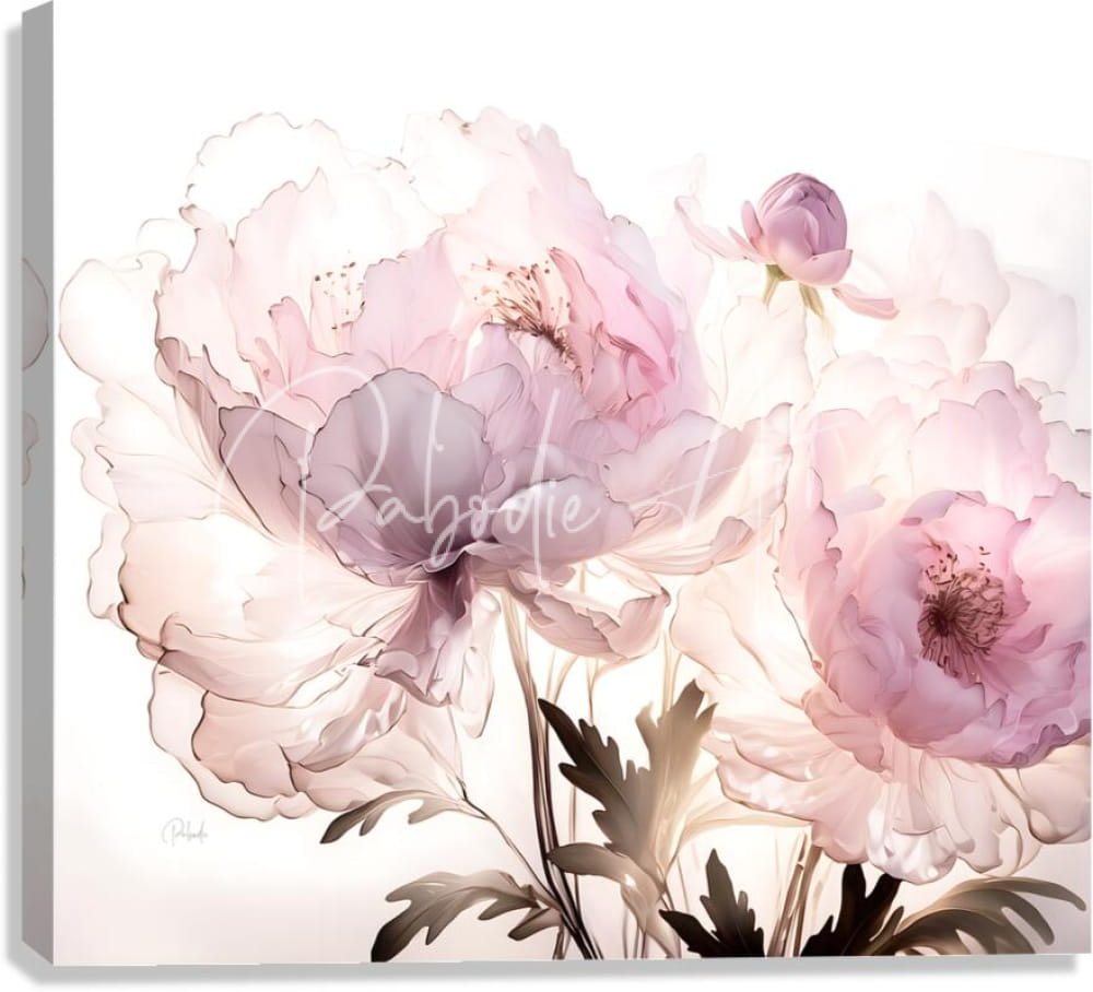 A soft pink and white watercolor canvas print of blooming peonies with delicate petals and dark green leaves titled peonies in pink