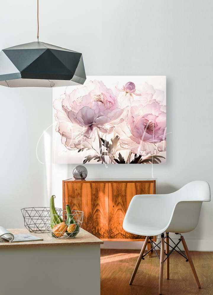 A soft pink watercolor painting of blooming peonies on white canvas titled peonies in pink wall art