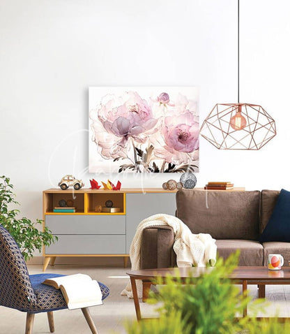 Watercolor-style canvas print titled peonies in pink featuring soft pink peonies with delicate black stems on white wall