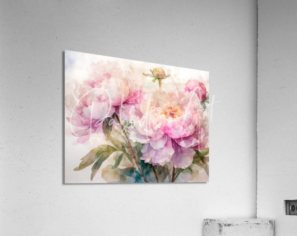 Watercolor print of pink peonies on an acrylic wall art panel titled Peonies Watercolor