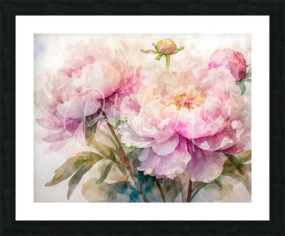 A framed watercolor painting of delicate pink peonies with soft gradients and subtle green leaves titled peonies watercolor