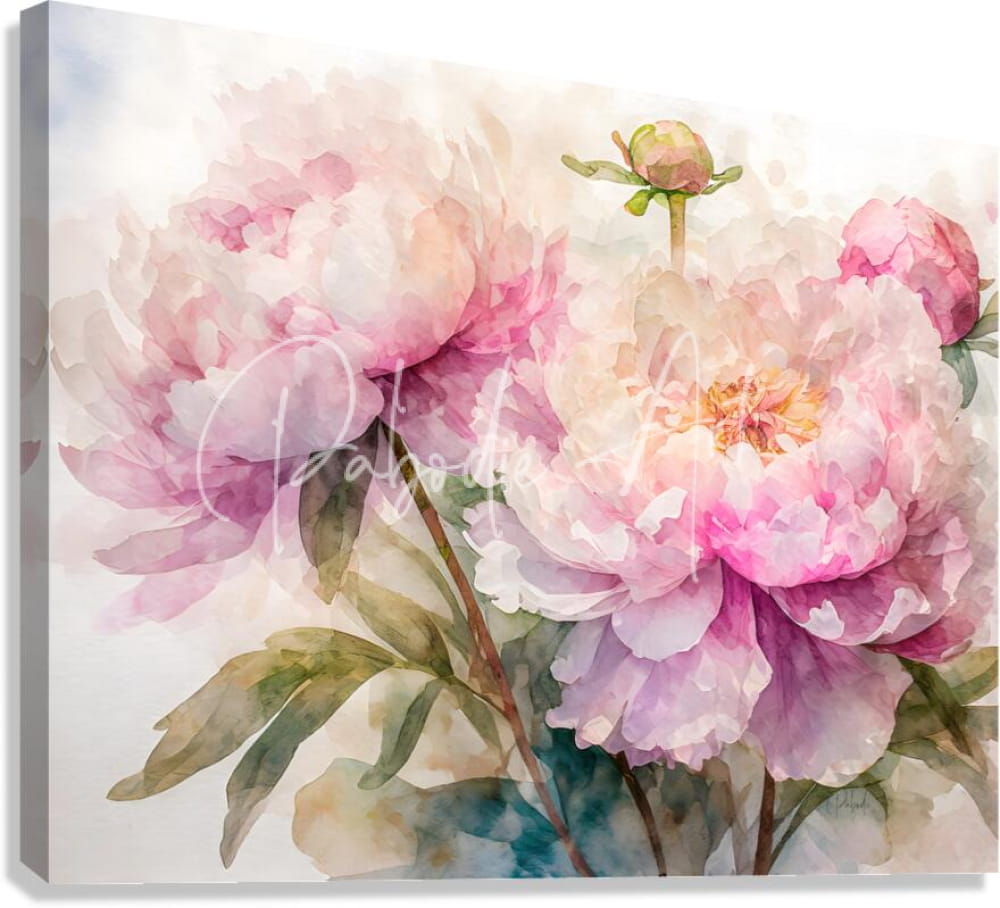 Peonies watercolor canvas print featuring delicate pink and white peonies with soft green leaves in watercolor style