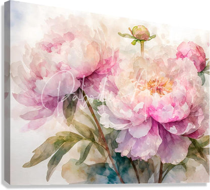 Peonies watercolor canvas print featuring delicate pink and white peonies with soft green leaves in watercolor style