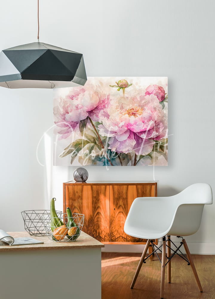 A watercolor painting of pink peonies with soft petals and green stems hanging on a white wall titled peonies watercolor