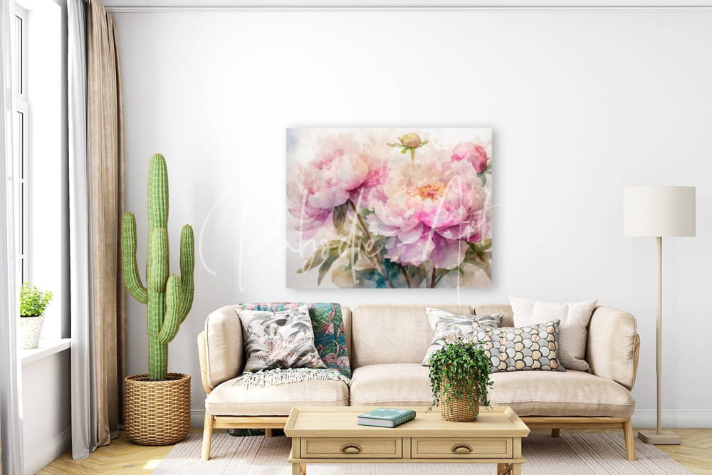 A soft pink peonies watercolor painting on paper hanging above a beige sofa in a living room setting