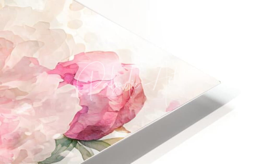 A rectangular canvas print of a watercolor pink peony flower with soft petals and green leaves titled peonies watercolor