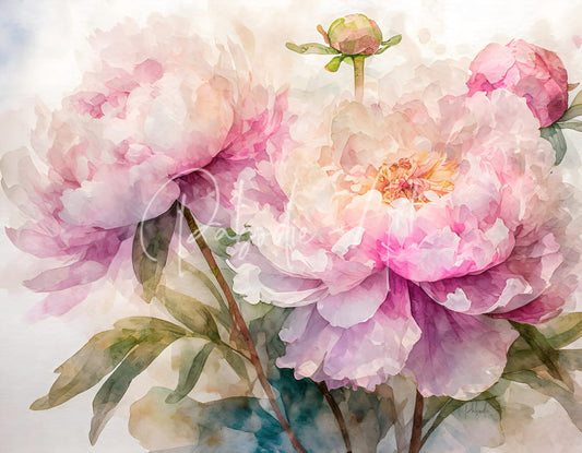 A delicate watercolor painting of lush pink peonies with soft gradients and subtle green leaves for wall art