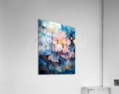 A vibrant watercolor painting titled peony falls featuring pink and blue flowers with gold accents on a white wall