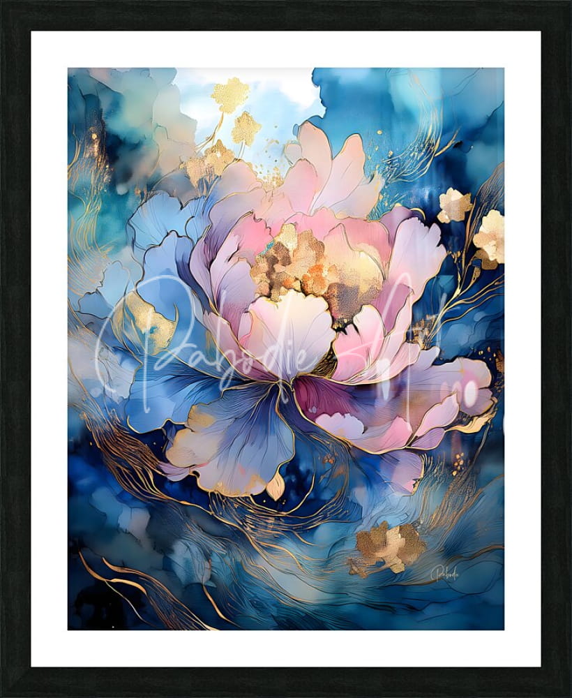 A framed abstract floral painting titled Peony Falls featuring a large pink and lavender peony with gold highlights on blue