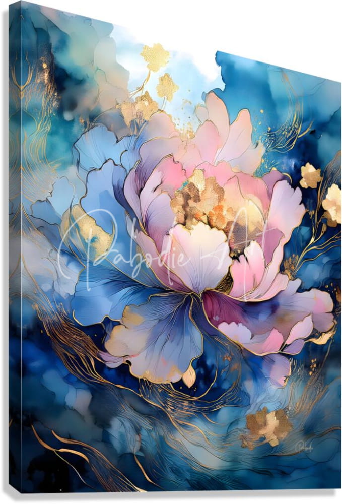 A vibrant abstract floral canvas painting peony falls featuring a large pink and lavender peony with deep blue and gold accents