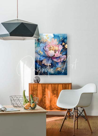 Peony Falls vibrant abstract floral painting with soft pink blue hues and golden accents displayed on a white wall