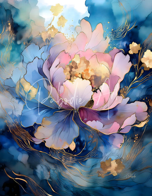 Peony Falls vibrant watercolor peony flower with soft pink and lavender petals and golden highlights on deep blue background