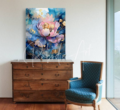 A vibrant abstract floral canvas painting titled peony falls featuring a large pink and blue peony with golden accents on a white wall