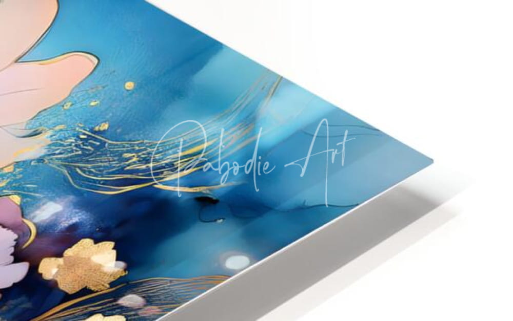 Blue and gold abstract art print titled peony falls in a white floating frame for modern home decor
