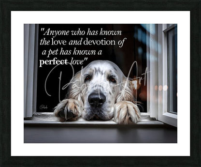 A framed photographic print titled a perfect love featuring a white and tan cocker spaniel resting on a windowsill