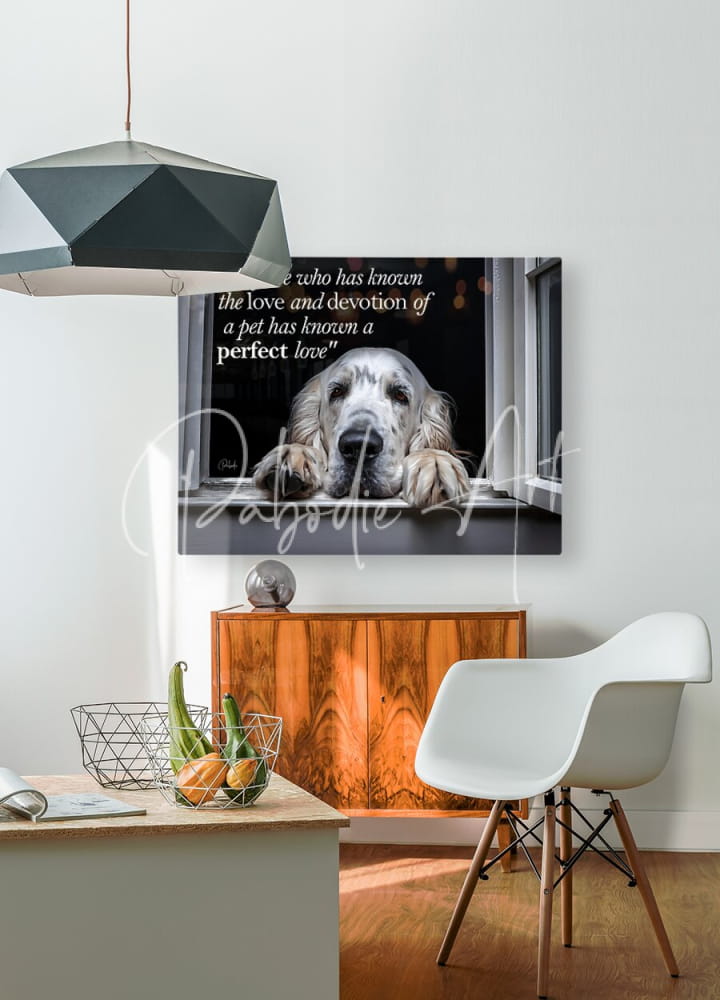 Black-and-white canvas print titled a perfect love featuring a white dog with long floppy ears resting on a windowsill