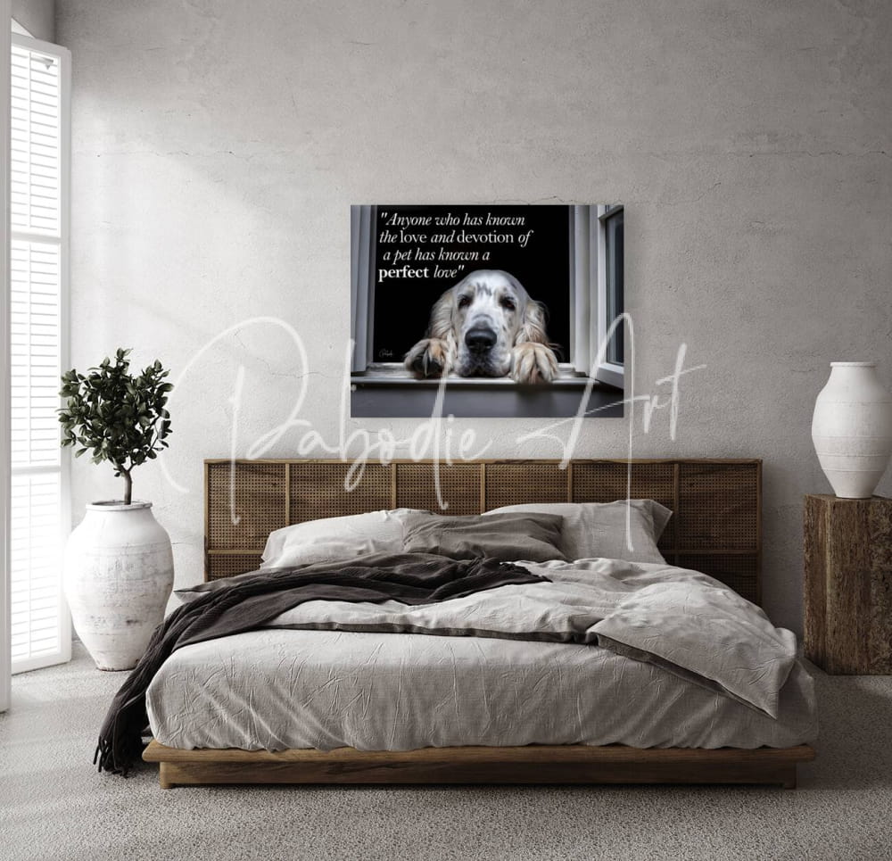 Black and white framed canvas print featuring a dog peeking from a window with perfect love pet quote