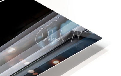 A sleek glossy black framed art print titled A Perfect Love featuring a modern cityscape and pabodie art signature