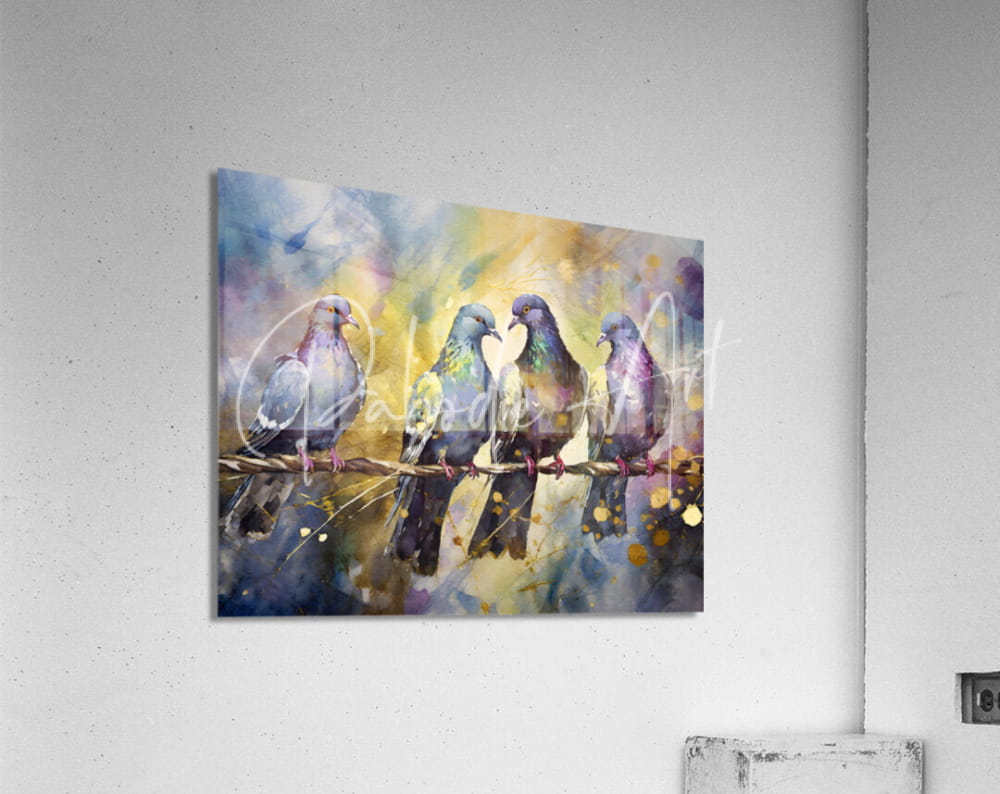 Watercolor painting titled pigeon party of four pigeons perched on a wire in soft blues purples and yellows with gold accents