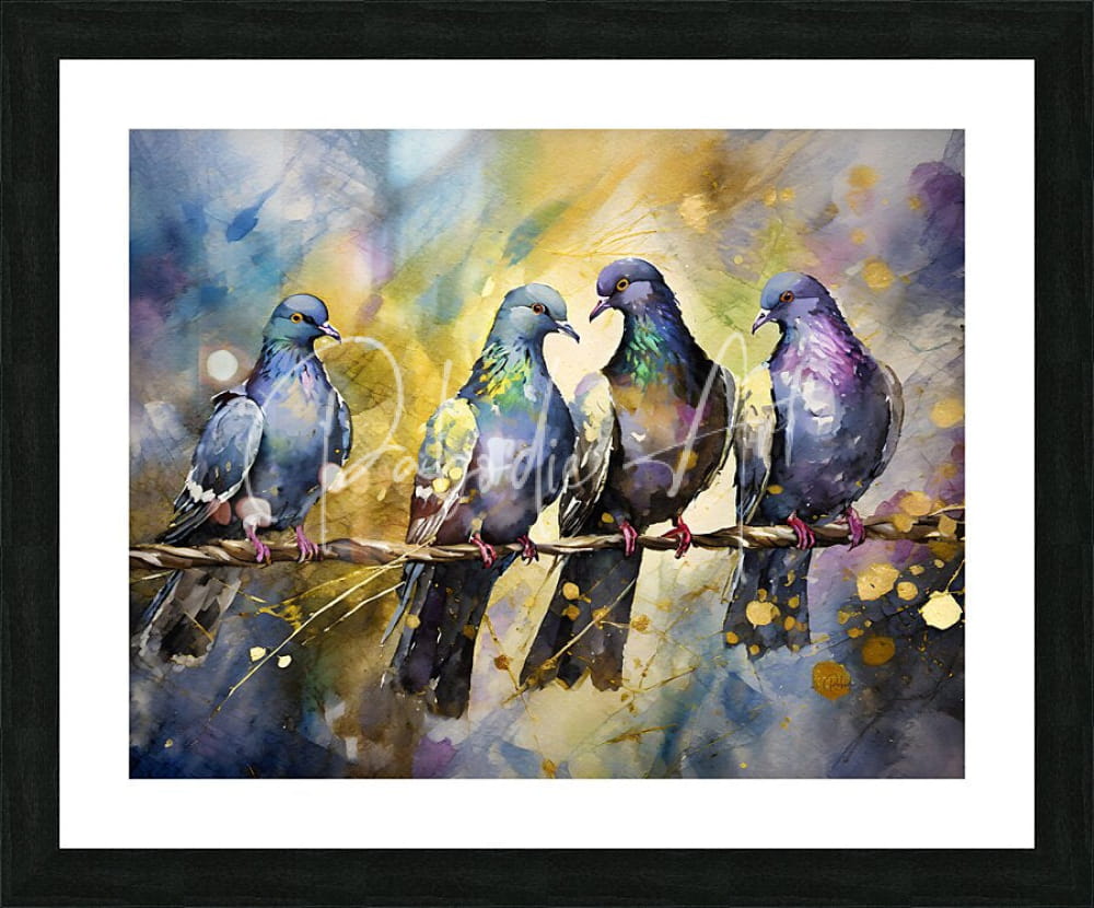 Watercolor painting pigeon party of four pigeons on a wire in vibrant blues purples greens with yellow splashes on abstract background