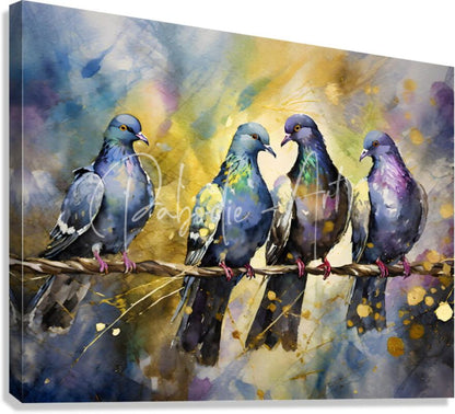 Watercolor canvas print pigeon party featuring four pigeons on a wire in blue purple green with yellow splashes