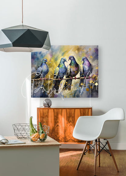 Watercolor painting titled pigeon party featuring four pigeons perched on a branch in soft blues purples and yellow highlights