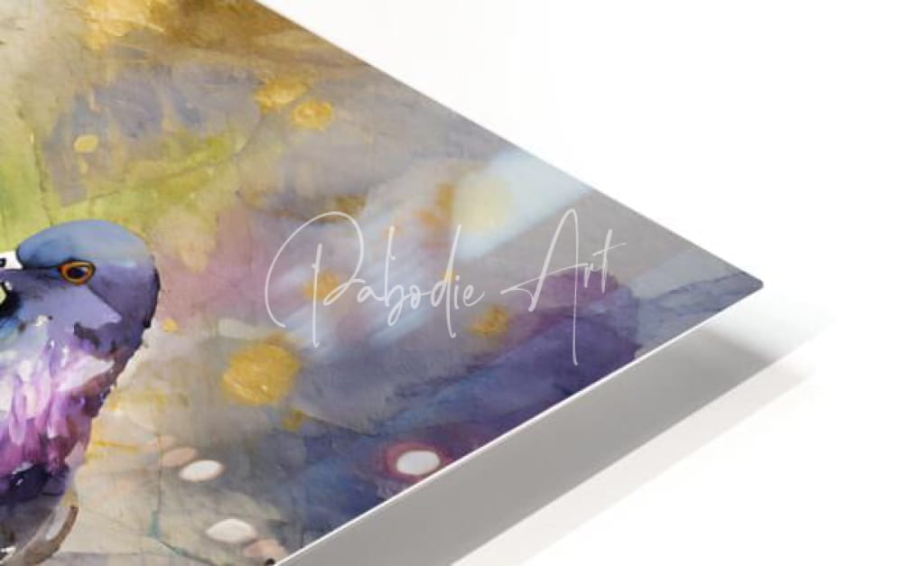 A watercolor painting titled pigeon party featuring a blue and purple pigeon with golden eyes on a soft abstract background