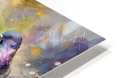 A watercolor painting titled pigeon party featuring a blue and purple pigeon with golden eyes on a soft abstract background