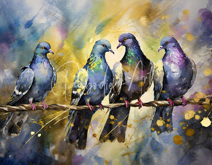 A vibrant watercolor painting of four pigeons in blue purple green and gold for pigeon party artwork
