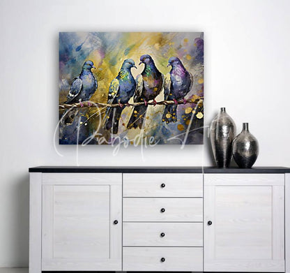 A vibrant abstract painting titled pigeon party featuring four pigeons in blues purple and gold on canvas