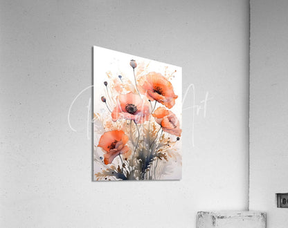 A rectangular acrylic print titled poppies ink wash featuring orange poppies with dark centers on a textured white background