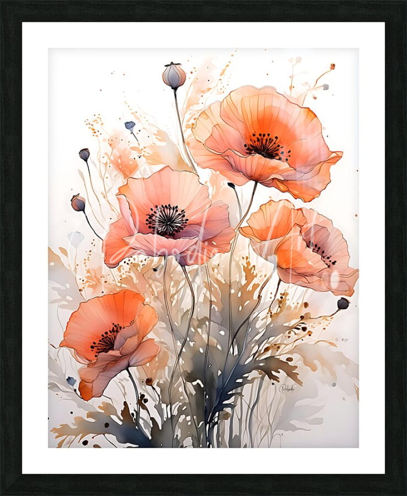 A framed watercolor painting titled poppies ink wash featuring vibrant orange and pink poppies with black centers