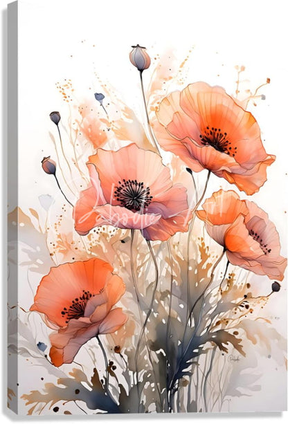 A canvas print titled poppies ink wash featuring vibrant orange and pink poppies with black centers on beige background